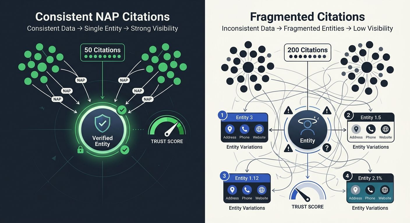 infographic comparing two citation networks side by side — one showing 50 consistent NAP citations converging to a single verified entity with a strong trust score, and one showing 200 citations with 