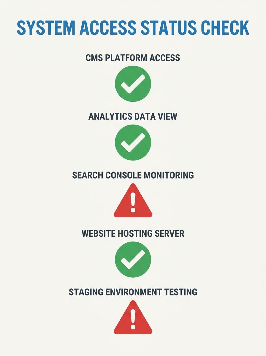 A checklist-style diagram showing five system access categories (CMS, Analytics, Search Console, Hosting, Staging) with status indicators showing green checkmarks and red warning symbols for each
