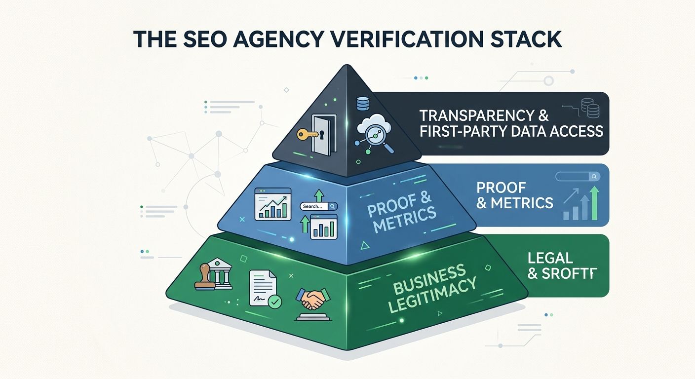 A three-layered pyramid diagram showing the SEO agency verification stack with business legitimacy at the base, proof and metrics in the middle, and transparency and first-party data access at the top