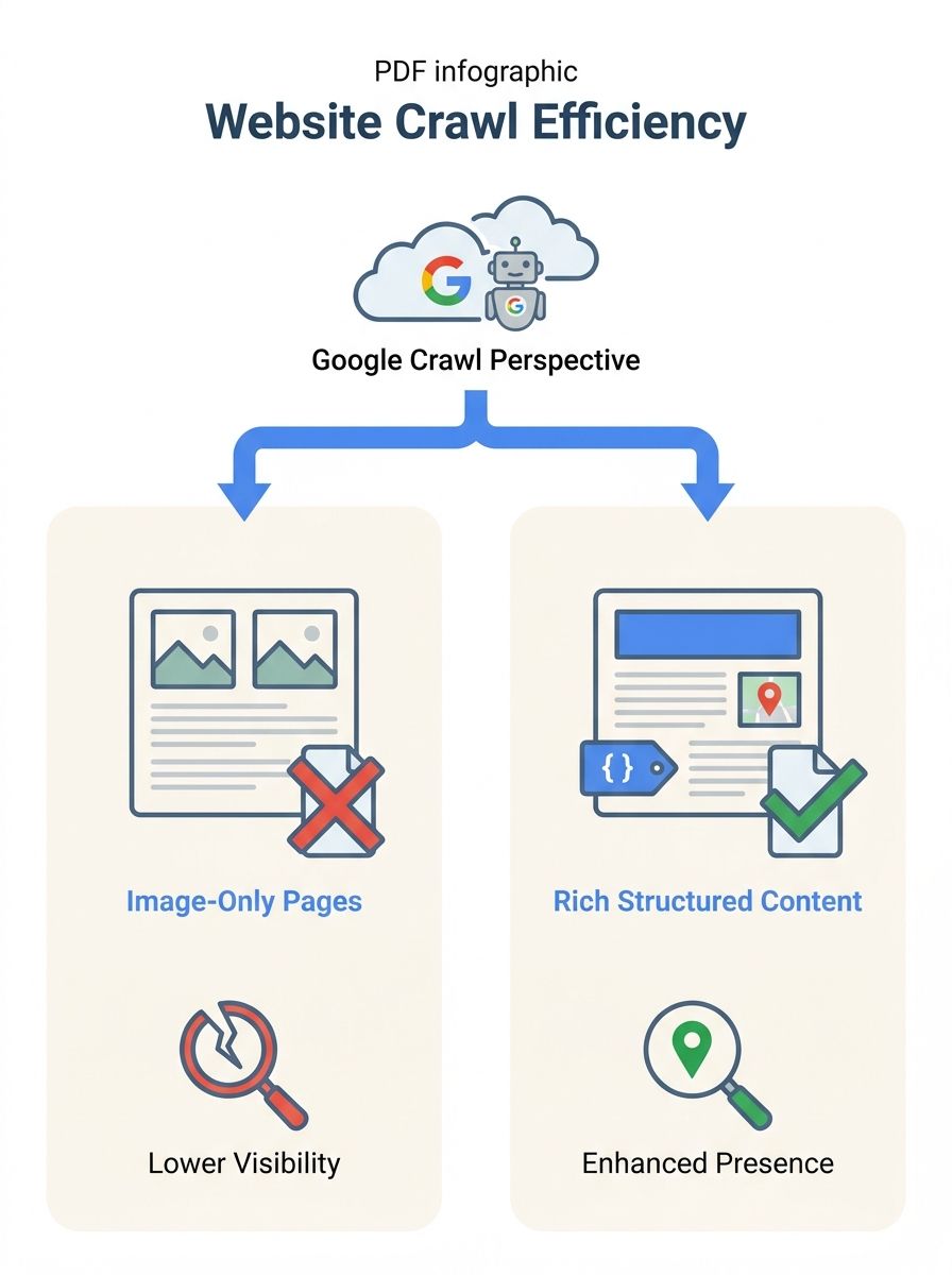 A comparison diagram showing two architecture firm websites side by side — one with image-only portfolio pages and minimal text, the other with project descriptions, structured data, and local content