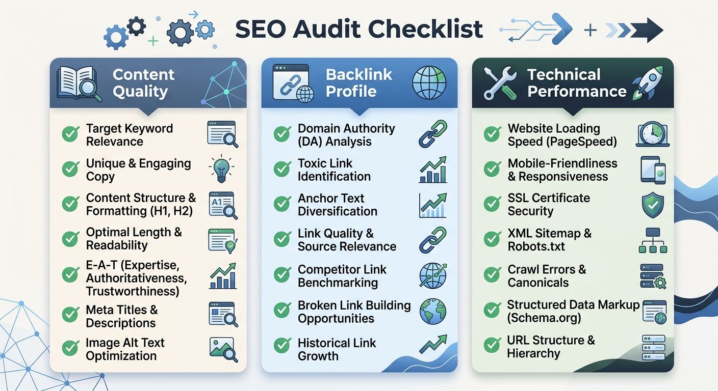 SEO audit checklist showing content quality, backlink profile, and technical performance categories