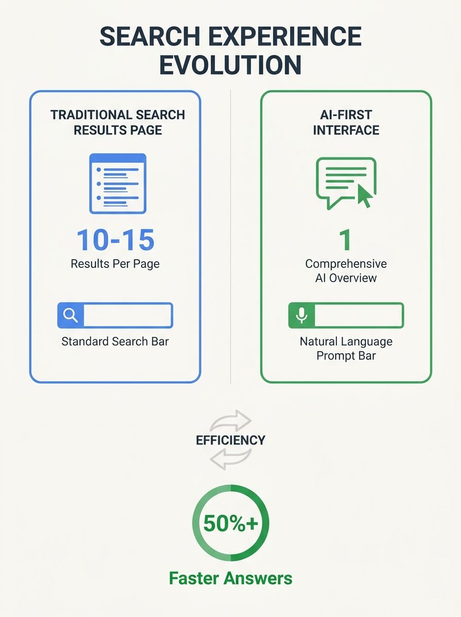 Split-screen comparison showing Google's traditional search results page on left and new AI-first interface with natural language prompt bar on right