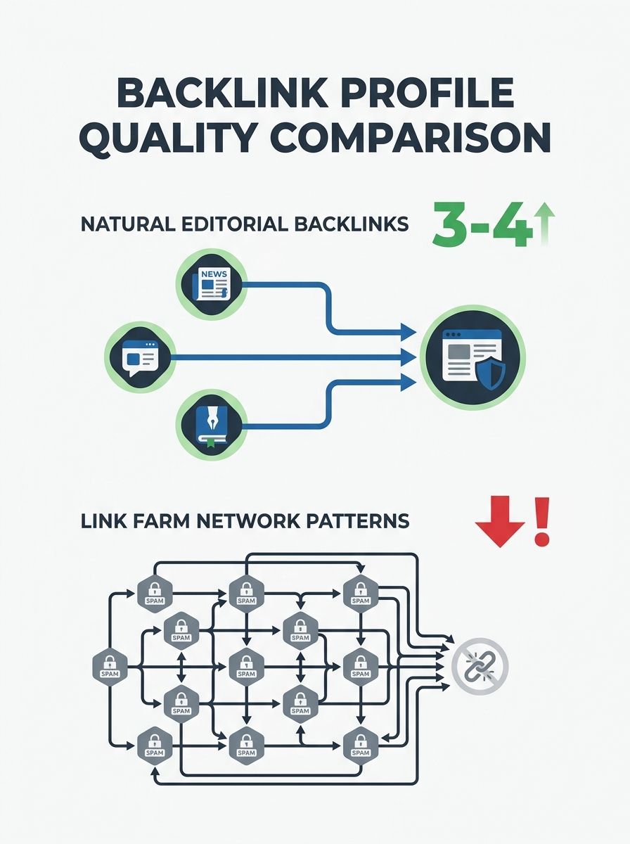 Screenshot showing comparison between natural editorial links and link farm network patterns, illustrating quality differences in backlink profiles