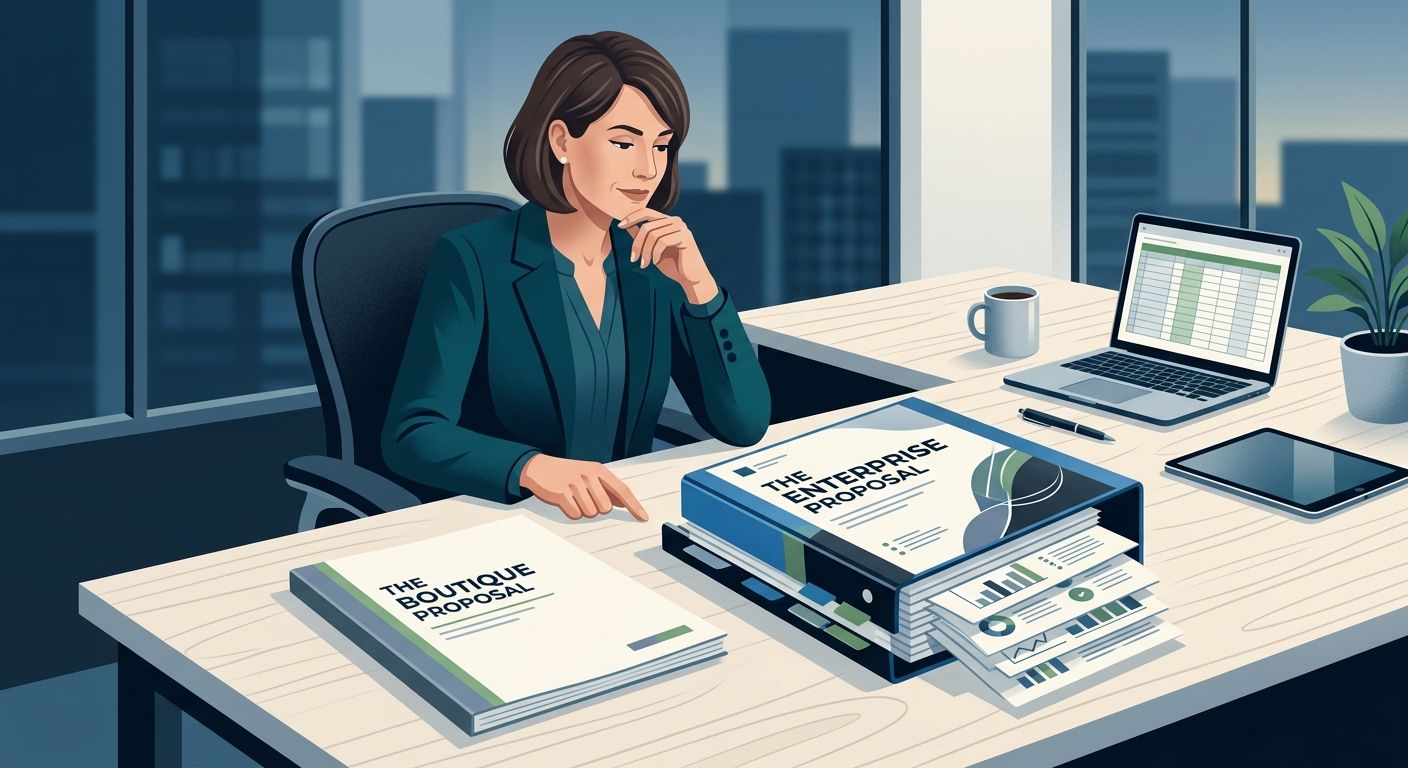 illustration of a mid-market company executive reviewing two agency proposals on a desk, one thin boutique proposal and one thick enterprise proposal with many appendices