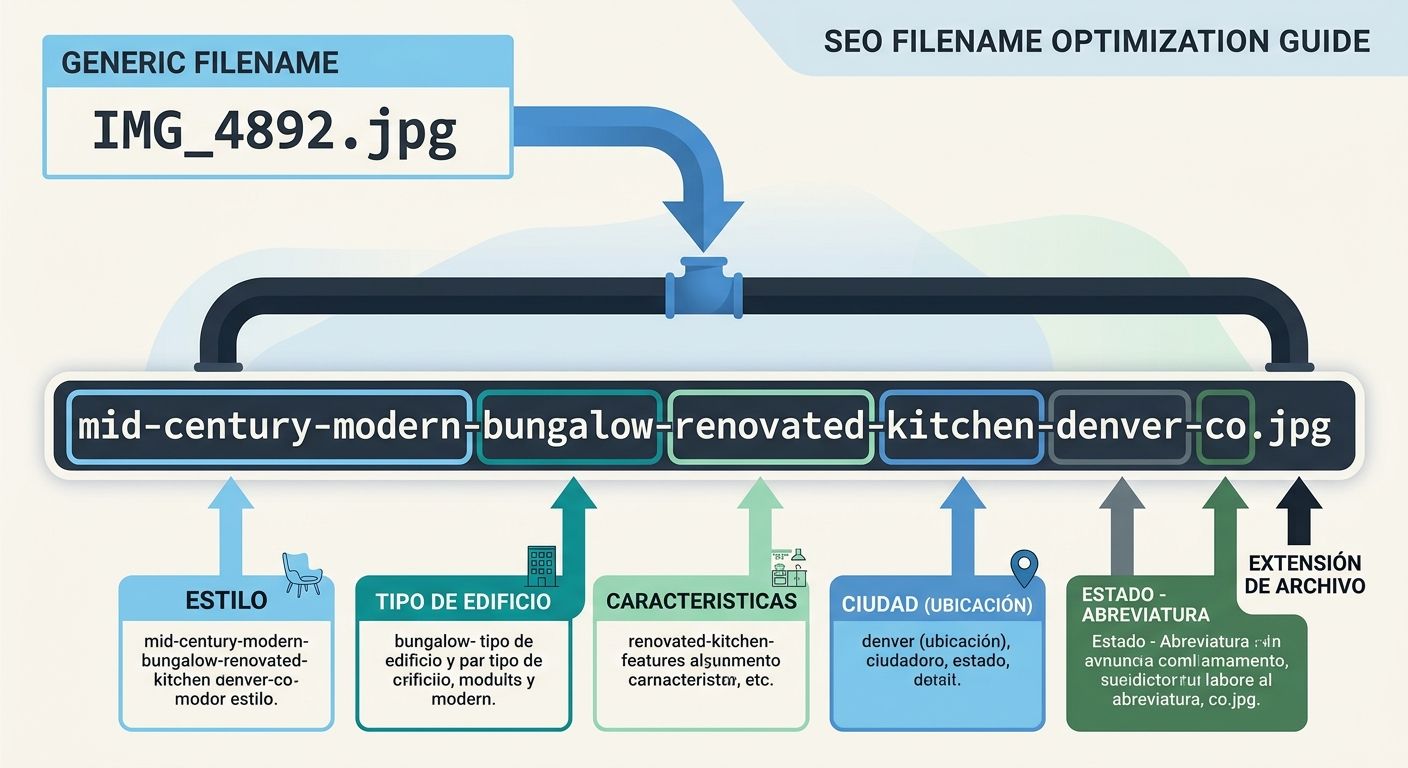 A diagram showing the transformation of a generic camera filename IMG_4892.jpg into an SEO-optimized descriptive filename, with labeled arrows pointing to each component of the new name: style, buildi
