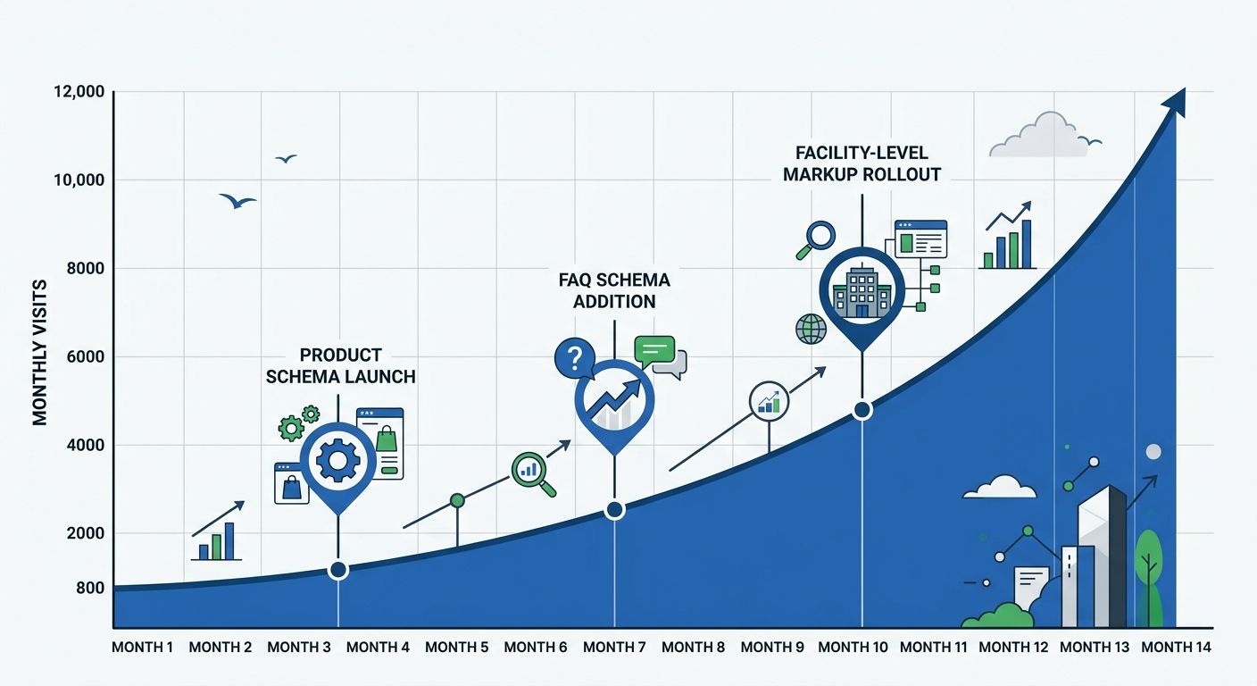 timeline showing the 14-month organic traffic growth curve from 800 to 12,000 monthly visits, with annotations marking key schema implementation milestones like product schema launch, FAQ schema addit