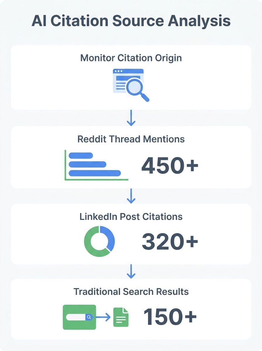 Marketing professional analyzing AI search citation sources on multiple screens showing Reddit threads, LinkedIn posts, and traditional search results