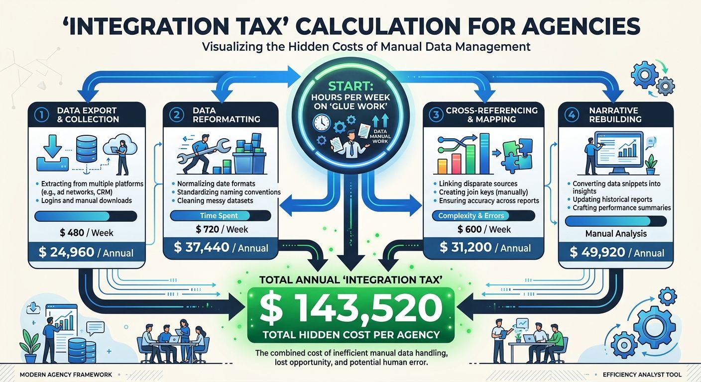 An infographic showing the "integration tax" calculation for agencies — a flowchart starting with "hours per week on glue work" branching into data export, reformatting, cross-referencing, and narrati