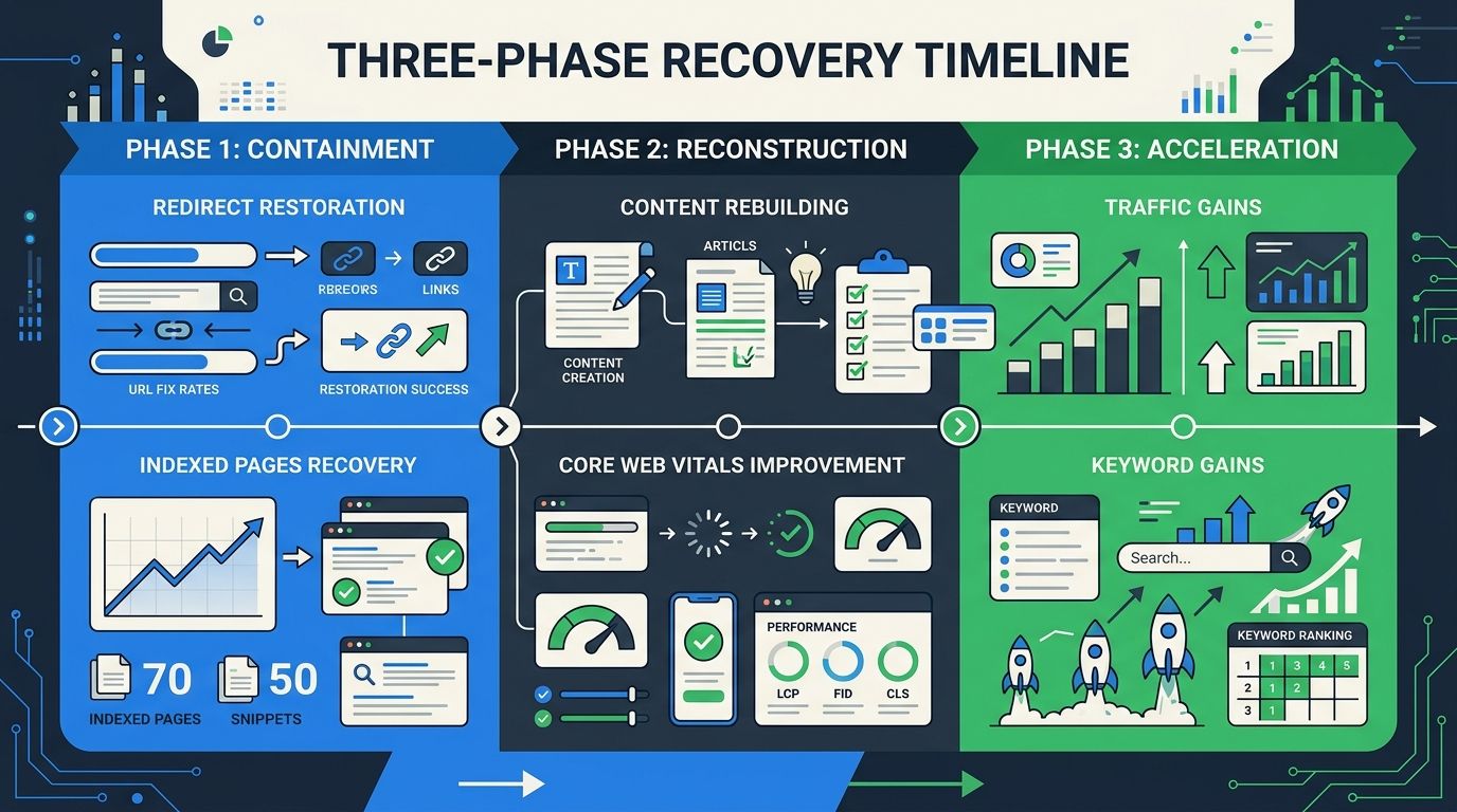 infographic showing three-phase recovery timeline with key metrics at each stage - Phase 1 Containment showing redirect restoration and indexed pages recovery, Phase 2 Reconstruction showing content r