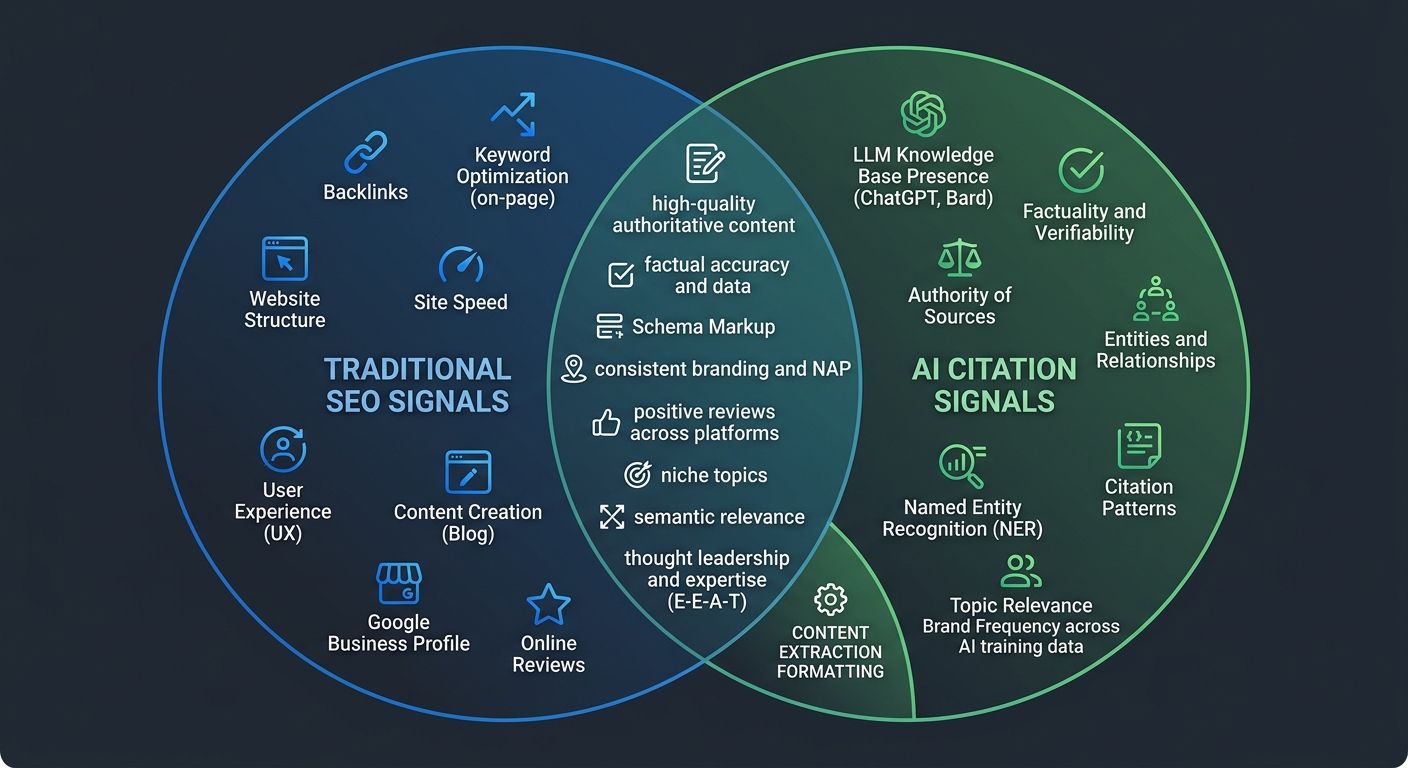 Venn diagram showing the overlap between traditional SEO signals and AI citation signals for law firms, with the small non-overlapping area labeled as content extraction formatting