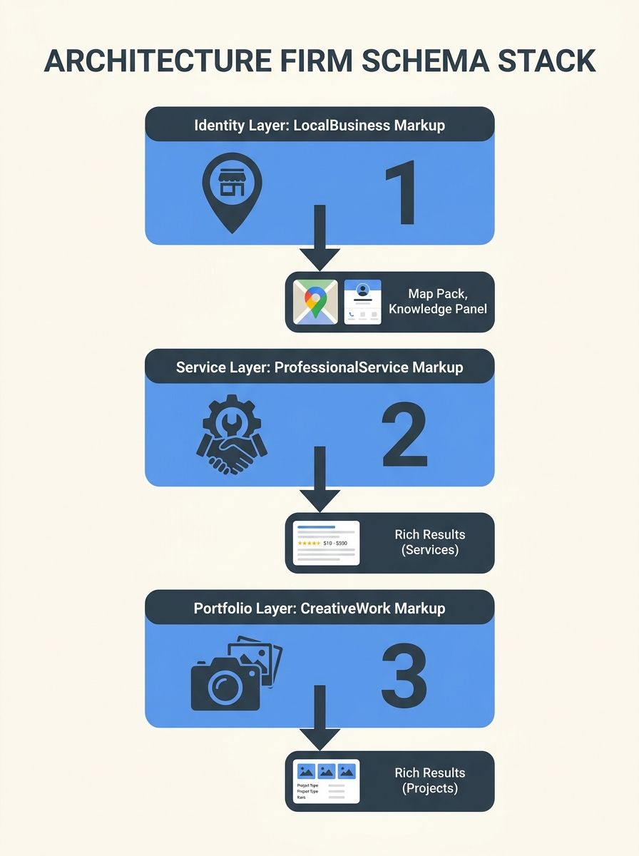 A diagram showing the Three-Layer Schema Stack for architecture firms — identity layer with LocalBusiness markup, service layer with ProfessionalService markup, and portfolio layer with CreativeWork m
