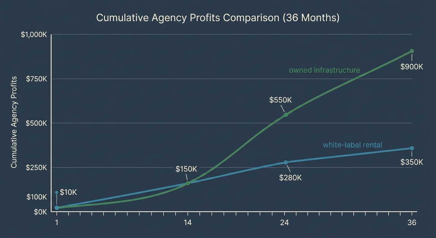 A line graph comparing cumulative agency profits over 36 months under two models — "white-label rental" showing linear growth and "owned infrastructure" showing steeper growth after a crossover point 