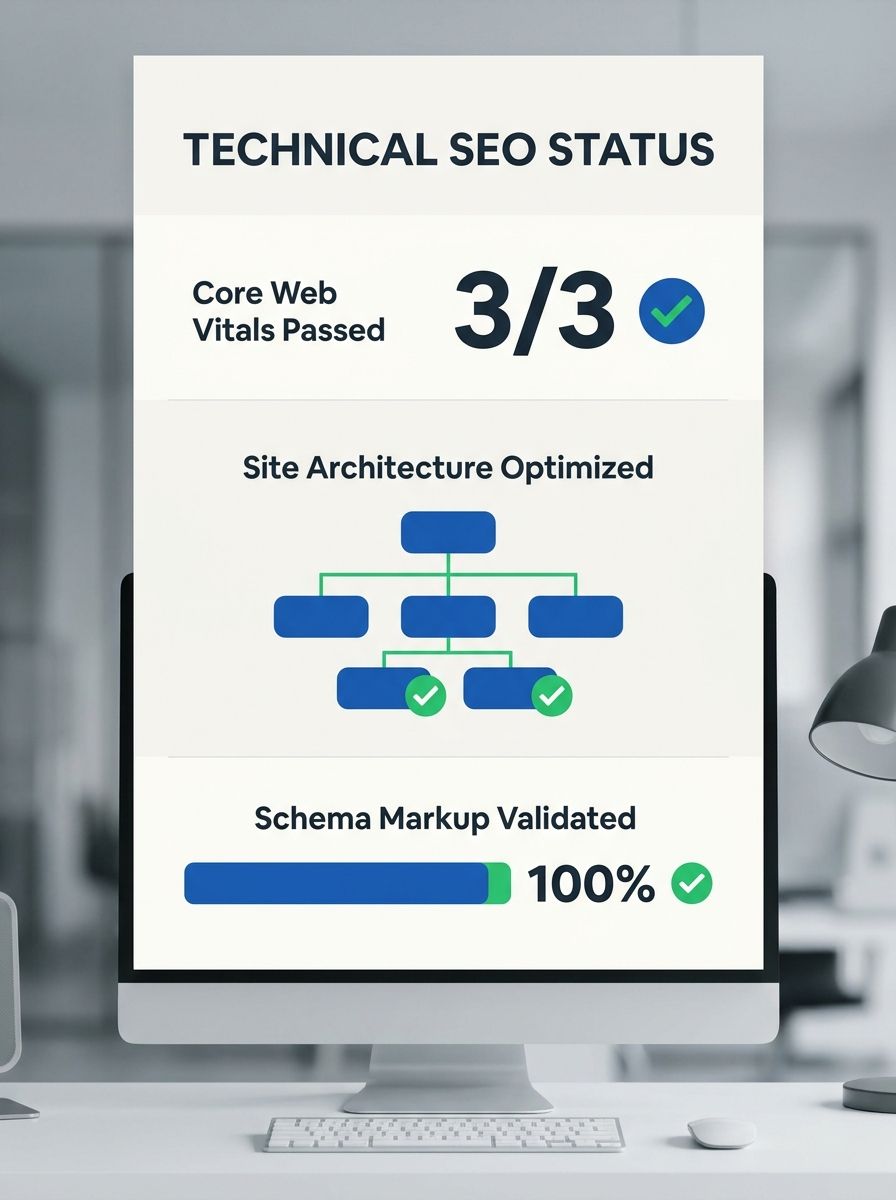 A developer's monitor showing a technical SEO checklist with green checkmarks next to Core Web Vitals metrics, site architecture diagrams, and schema validation results