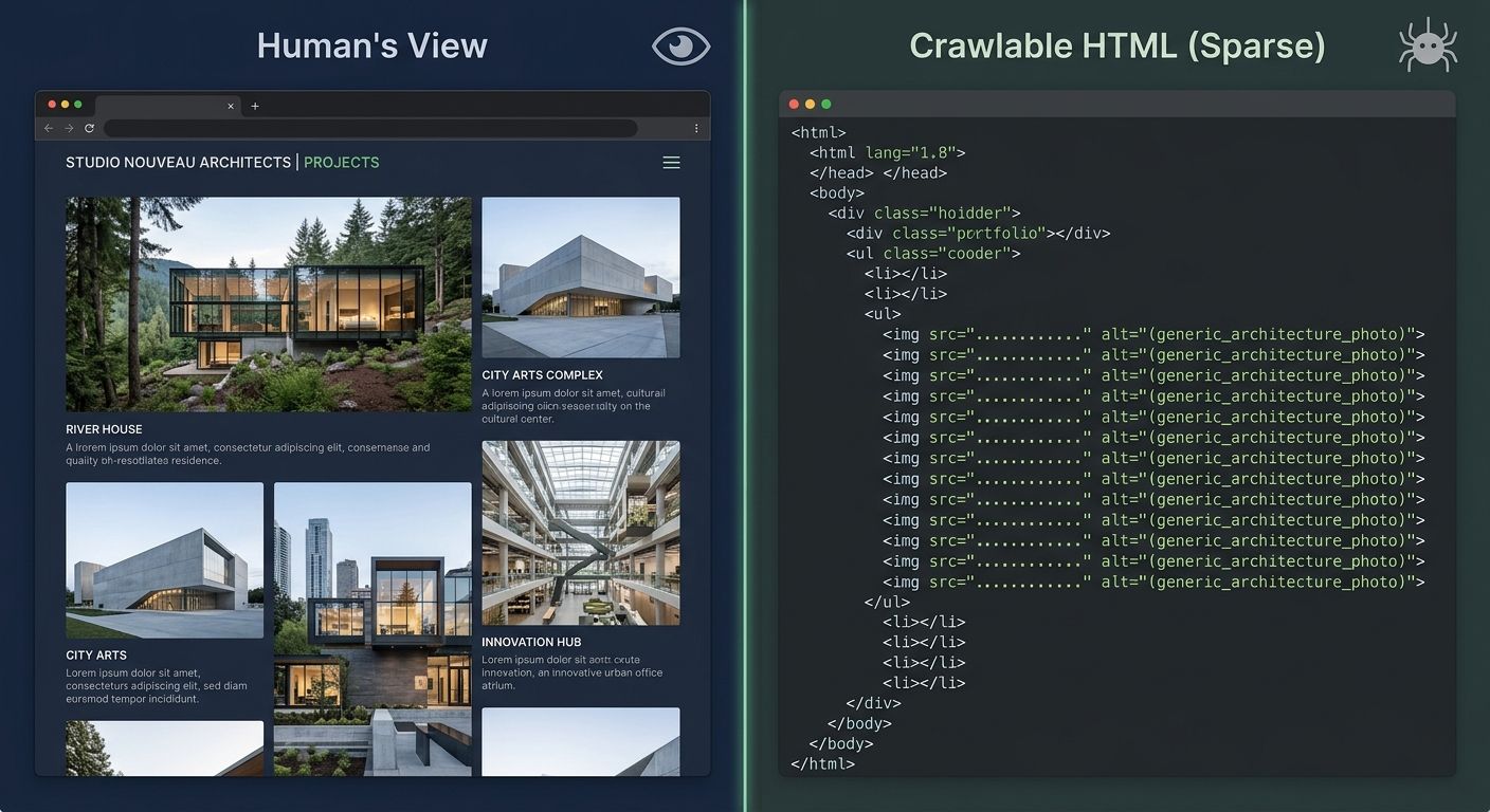 A split-screen comparison showing an architecture firm's portfolio page as a human sees it (beautiful project photos) versus how Google's crawler sees the same page (sparse HTML with image tags and no