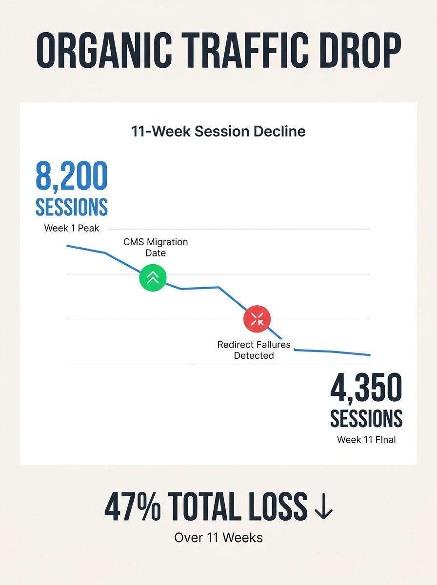 line chart showing organic traffic drop from 8,200 sessions to 4,350 over 11 weeks, with key events marked including CMS migration date and redirect failures