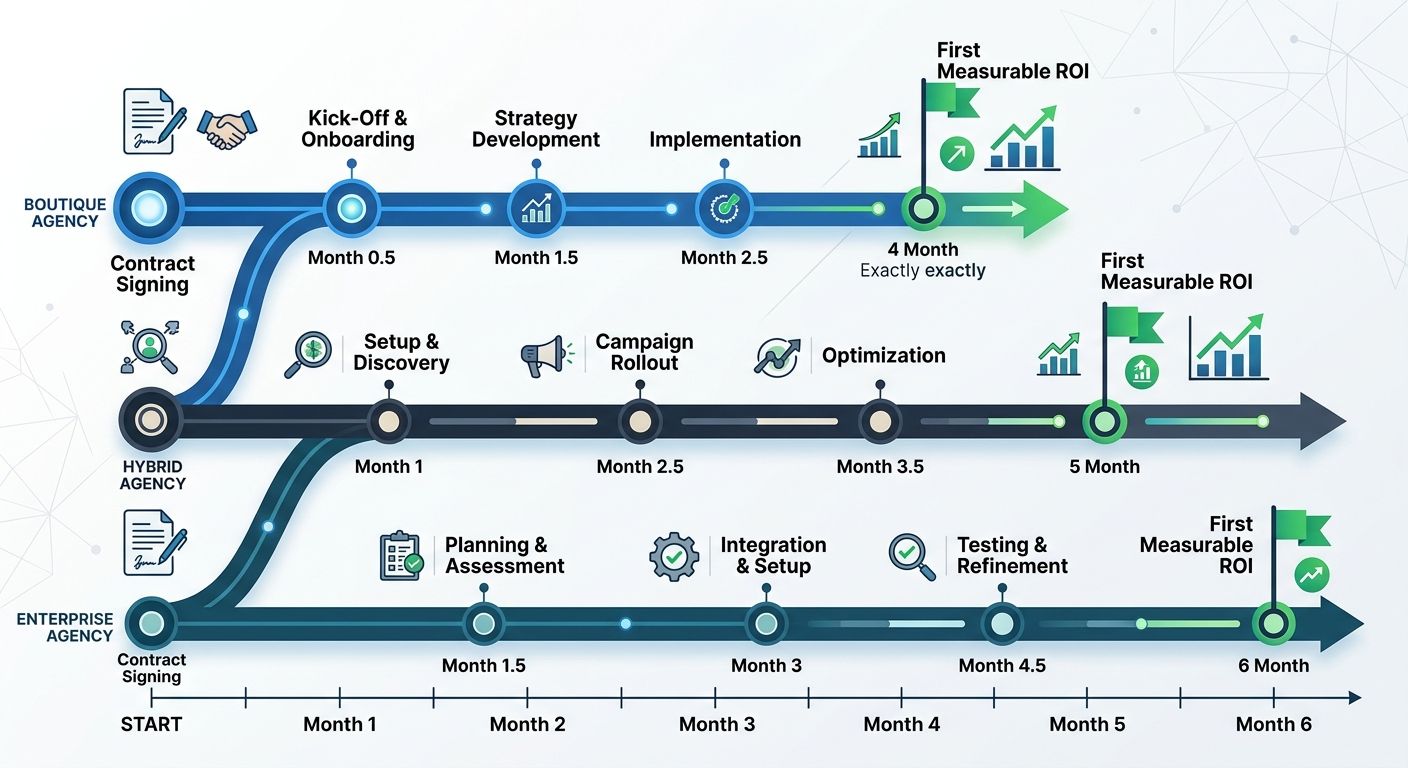 timeline graphic showing three parallel tracks for boutique, hybrid, and enterprise agencies, marking milestones from contract signing through first measurable ROI at 4, 5, and 6 month marks respectiv