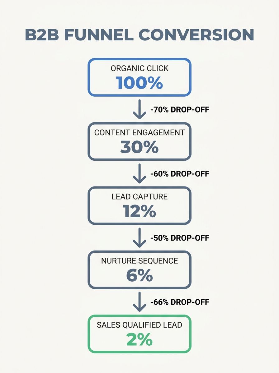 diagram showing the B2B search-to-pipeline funnel with five stages: organic click, content engagement, lead capture, nurture sequence, and sales qualified lead, with percentage drop-offs at each stage
