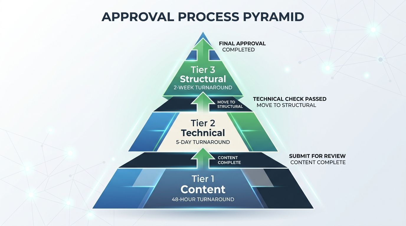 A three-tier approval pyramid showing Tier 1 Content at the base with 48-hour turnaround, Tier 2 Technical in the middle with 5-day turnaround, and Tier 3 Structural at the top with 2-week turnaround,