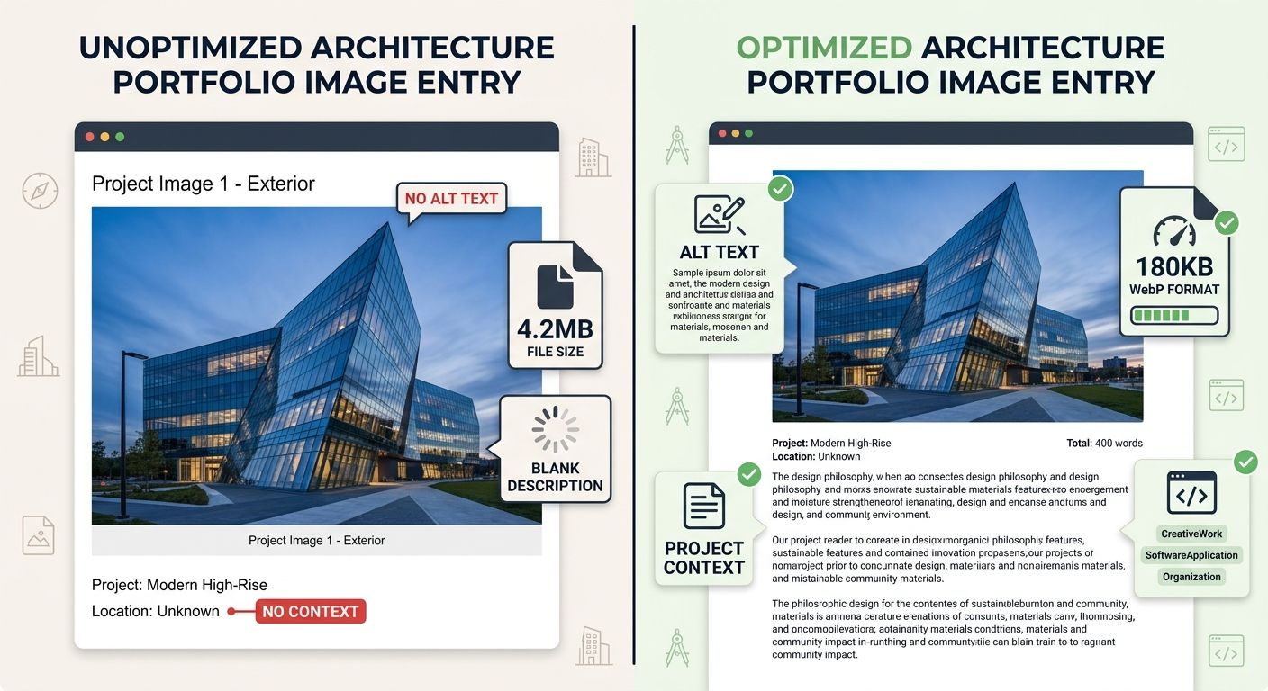 A side-by-side comparison showing an unoptimized architecture portfolio image entry with no alt text, a 4.2MB file, and no description, versus an optimized version with descriptive alt text, 180KB Web