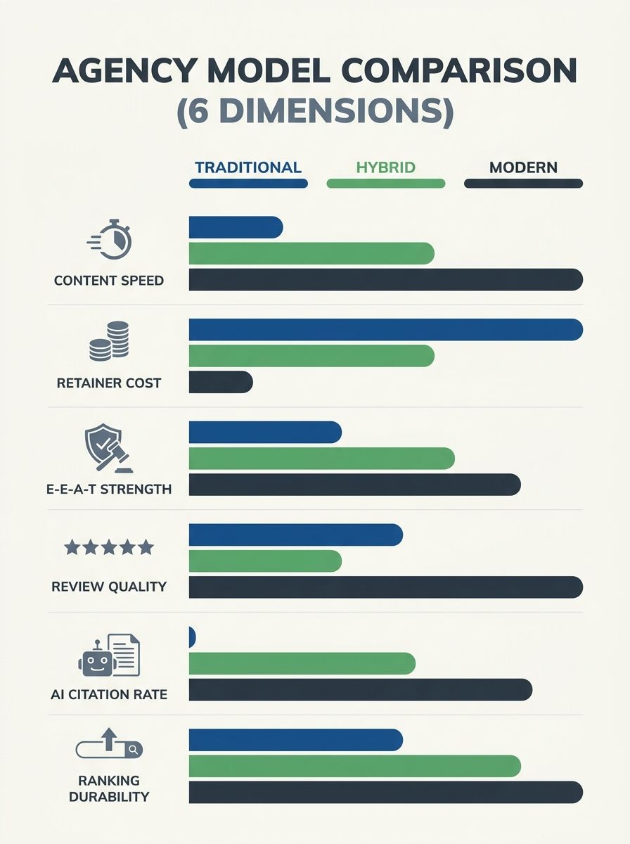 infographic comparing three agency models across six dimensions — content speed, retainer cost, E-E-A-T strength, review quality, AI citation rate, and ranking durability — using horizontal bar charts