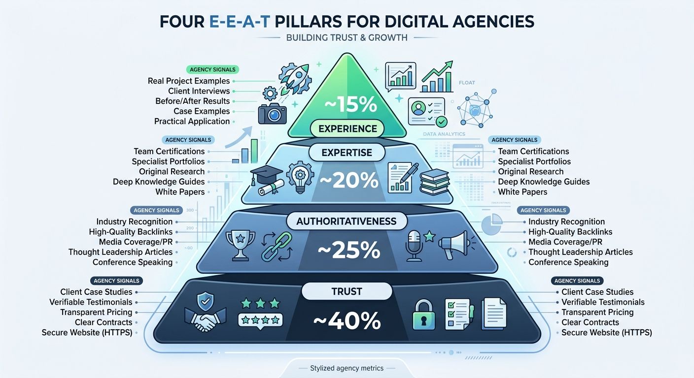 An infographic showing the four E-E-A-T pillars (Experience, Expertise, Authoritativeness, Trust) in a pyramid structure with Trust as the base, including specific agency-relevant signals for each pil