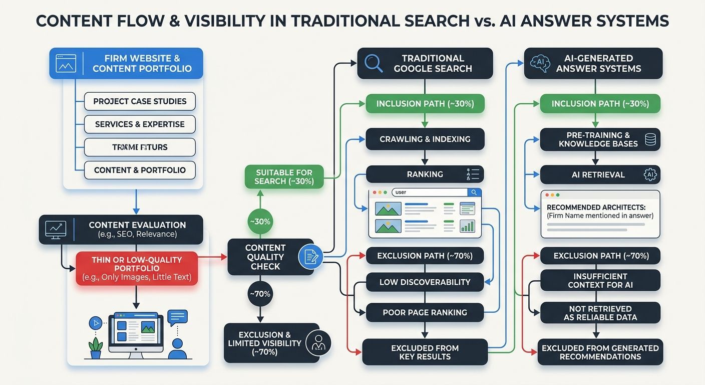 A flowchart showing how an architecture firm's content flows through traditional Google search versus AI search systems, highlighting where thin portfolio content causes exclusion from both traditiona