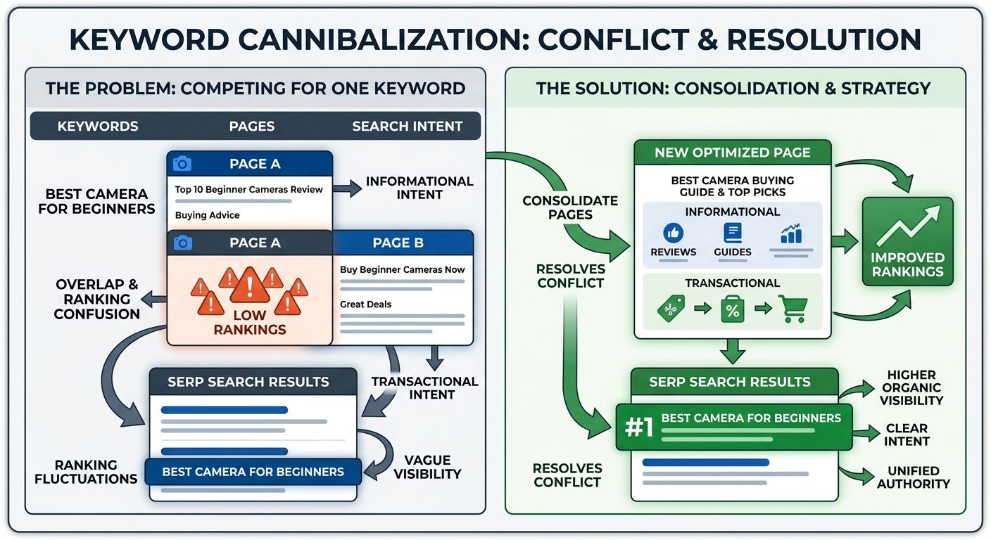 diagram showing keyword cannibalization scenario where two pages compete for the same keyword with different intents, with arrows showing how consolidation resolves the conflict and improves rankings