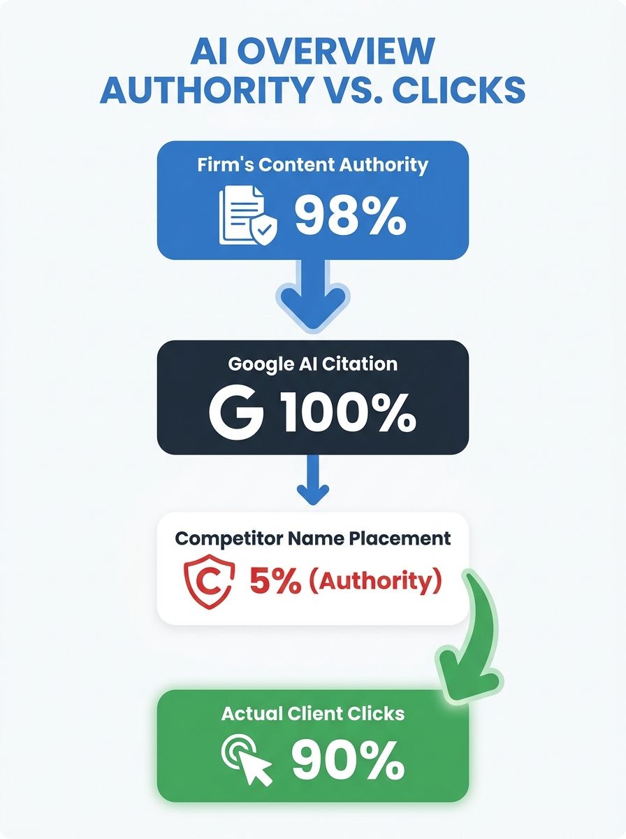Diagram showing how a law firm's content gets cited by Google AI Overviews while a competitor's firm name appears in the recommendation, with arrows showing the flow of authority vs. actual client cli