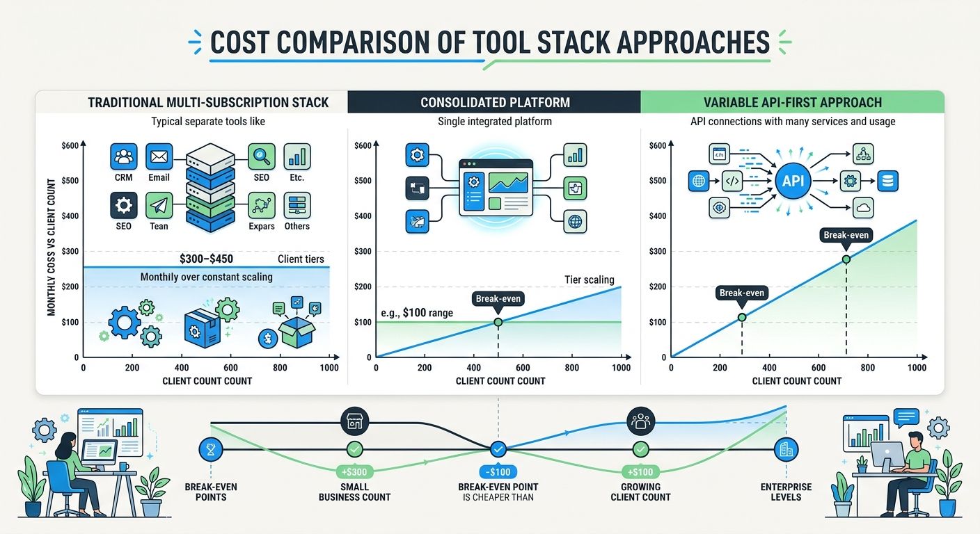 an infographic showing the cost comparison between traditional multi-subscription tool stacks (5-7 tools at $300-$450/month) versus consolidated platform approach ($100/month) versus API-first approac
