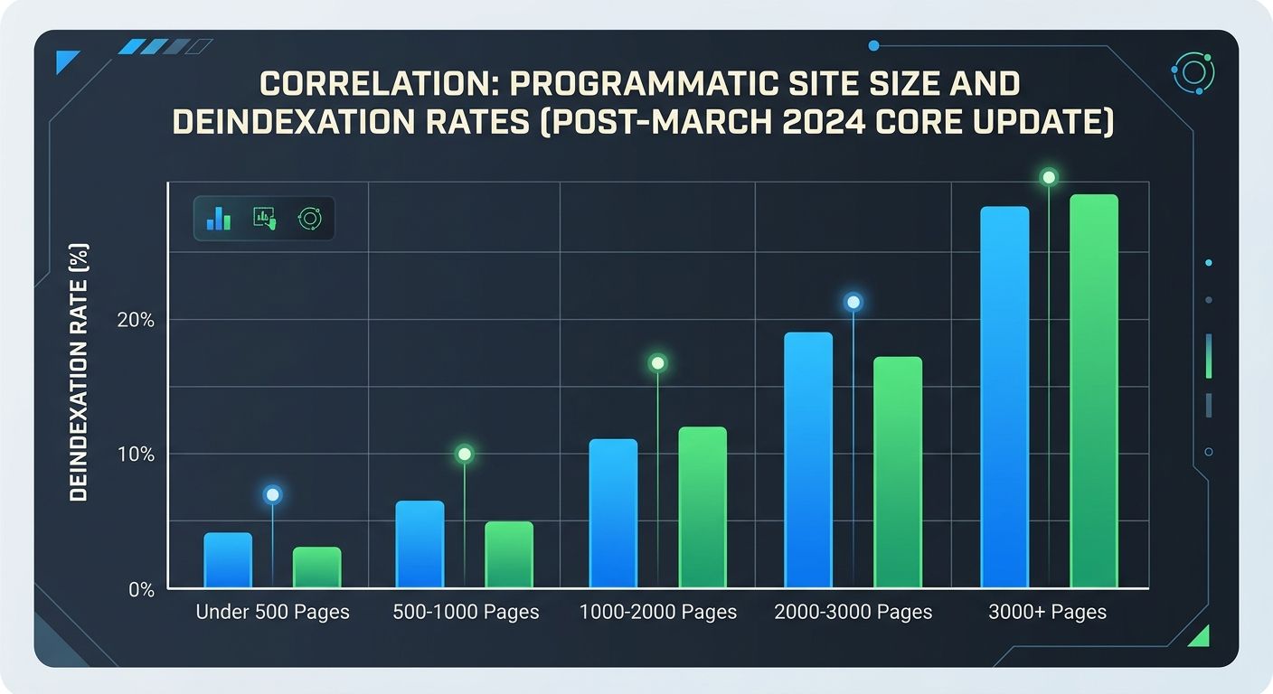 A bar chart showing the correlation between programmatic page count and Google deindexation rates after the March 2024 core update, with bars showing higher deindexation percentages for sites with 300