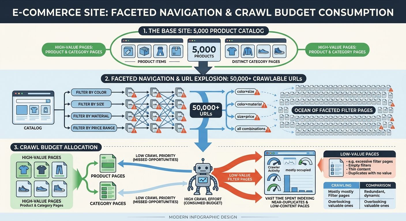 An infographic showing how a 5,000-product eCommerce site generates 50,000+ crawlable URLs through faceted navigation, with arrows showing how crawl budget gets consumed by low-value filter pages inst