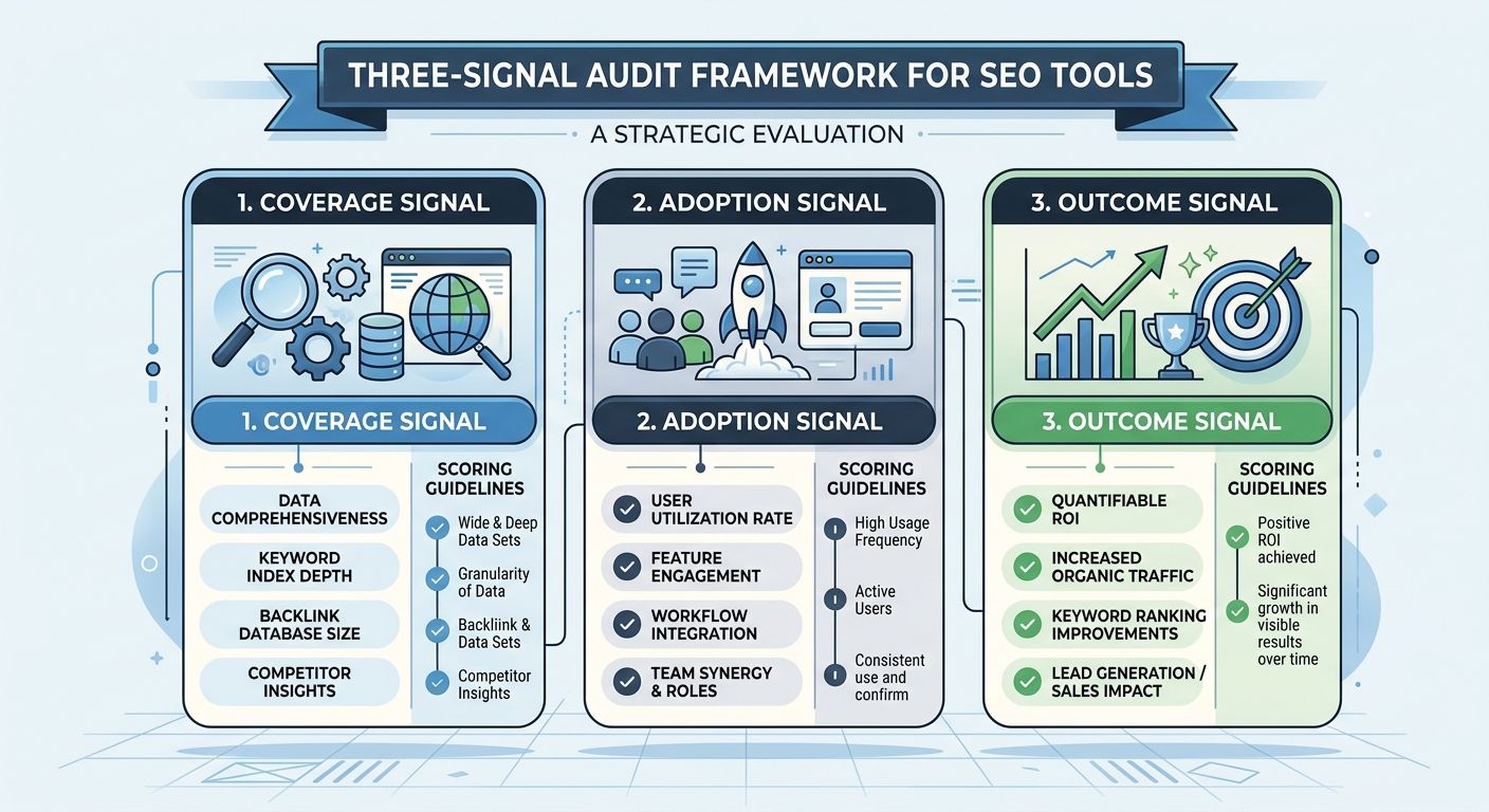 Infographic showing the Three-Signal Audit framework with three columns for Coverage, Adoption, and Outcome, each listing 3-4 evaluation criteria and scoring guidelines for SEO tools