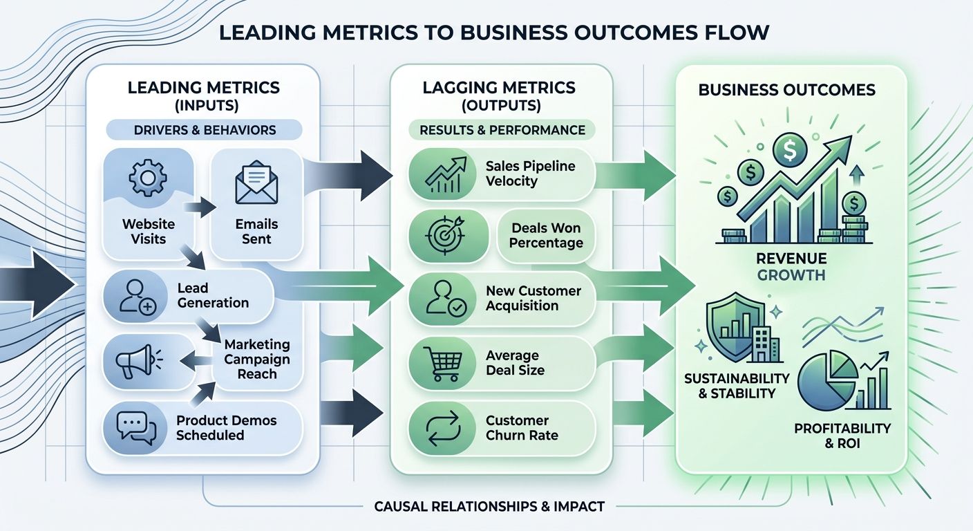 An infographic showing the flow from leading metrics (inputs) through lagging metrics (outputs) to business outcomes (revenue), with arrows indicating causation and example metrics at each stage