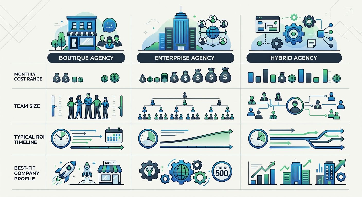 infographic comparing three agency models with icons for each showing monthly cost ranges, team size, typical ROI timeline, and best-fit company profile for boutique, enterprise, and hybrid agencies