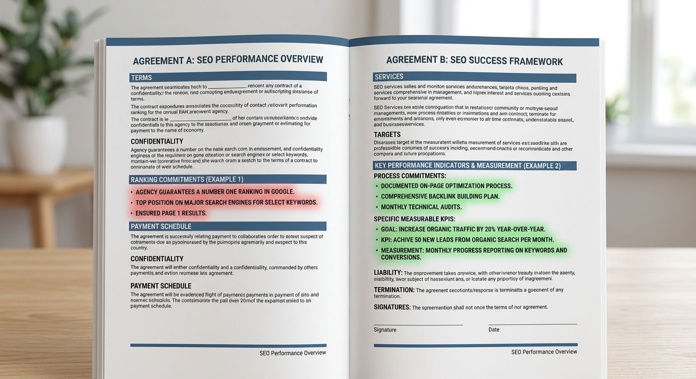 A side-by-side comparison of two SEO agency contracts - one with vague ranking guarantees highlighted in red, and one with specific process commitments and measurable KPIs highlighted in green
