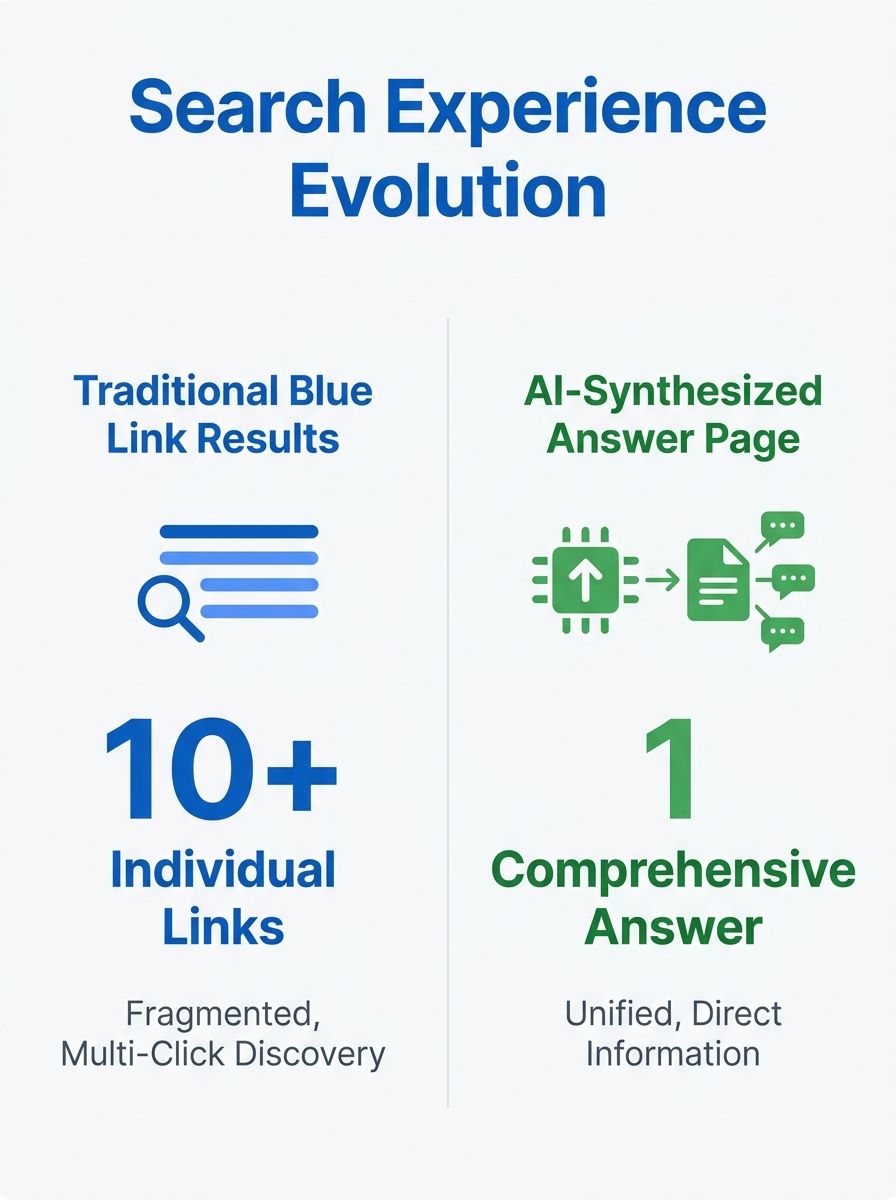 Split-screen view showing traditional Google search results with blue links on left versus new Gemini-generated answer page with synthesized content and source citations on right