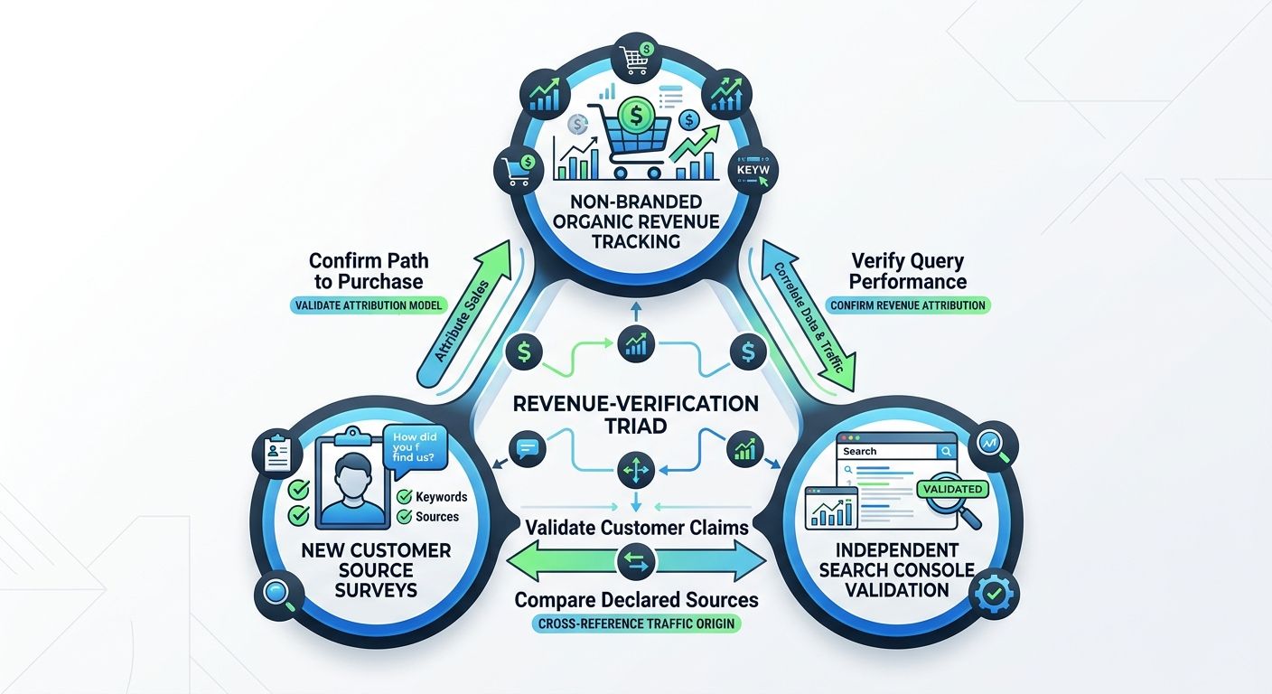 A diagram showing the Revenue-Verification Triad with three connected nodes: non-branded organic revenue tracking, new customer source surveys, and independent Search Console validation, with arrows s