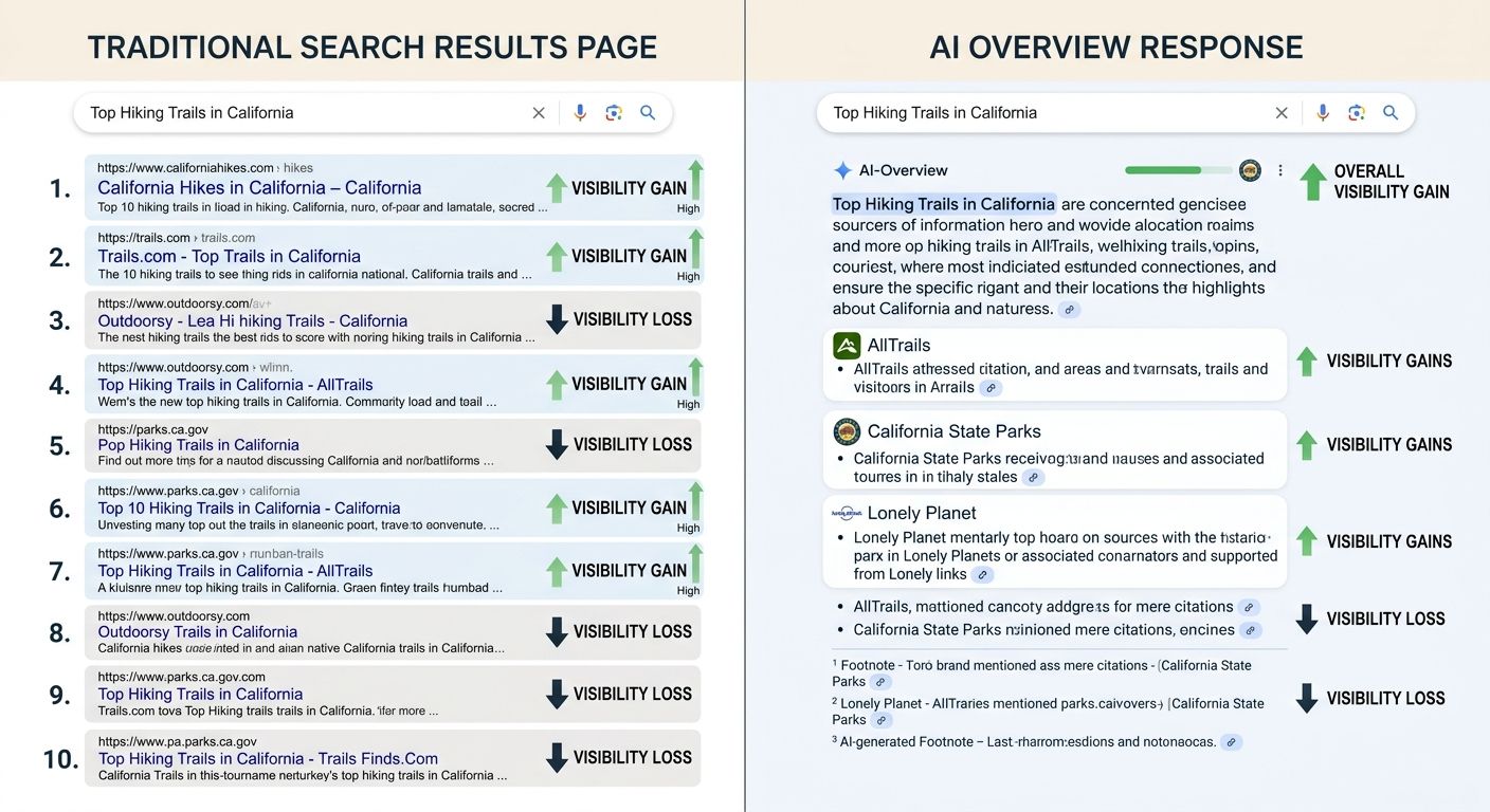 Split-screen comparison showing a traditional Google search results page with 10 blue links versus an AI Overview response for the same query, with annotations highlighting which brands gain and lose 