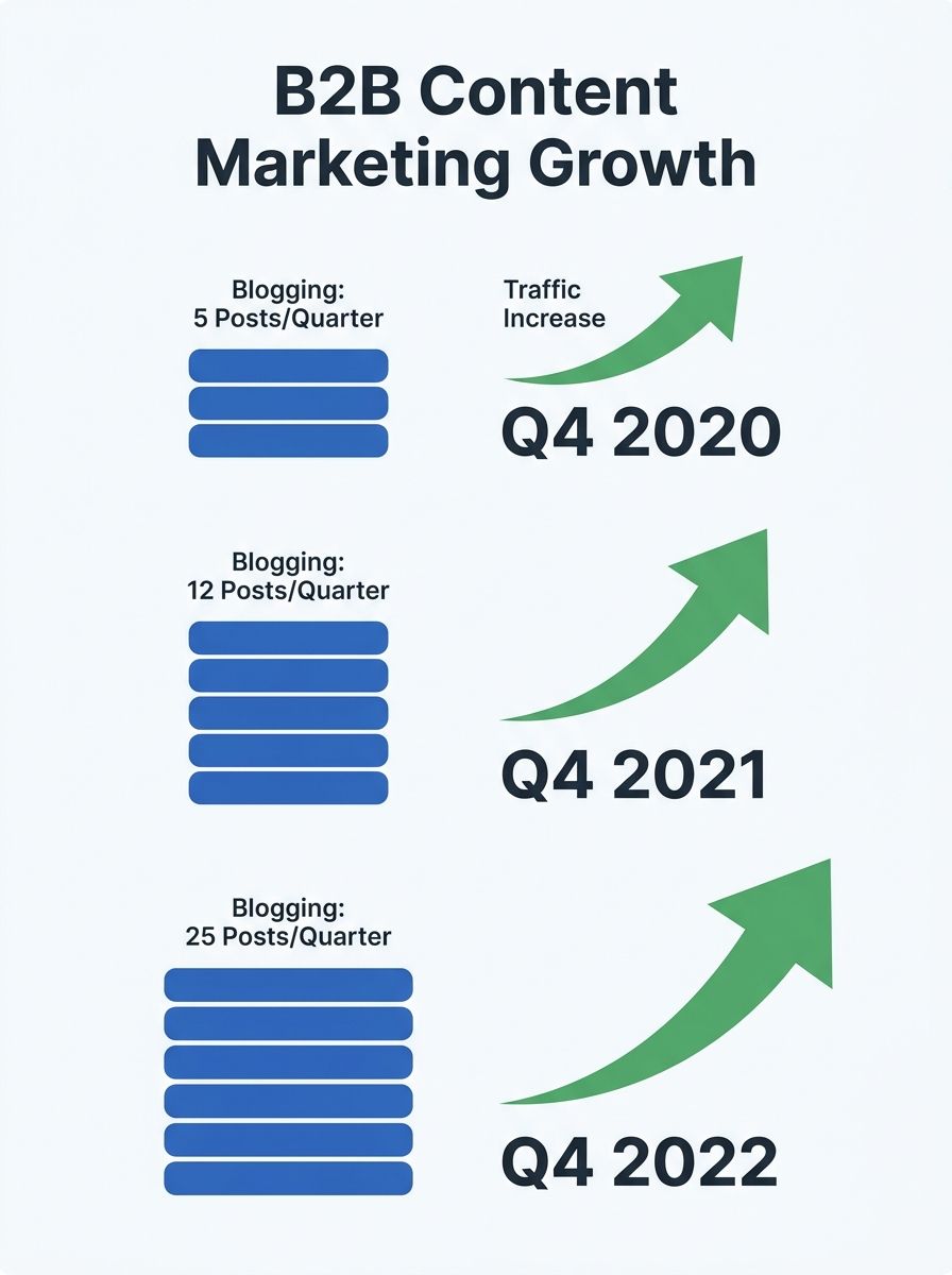 A timeline illustration showing B2B content marketing evolution from 2020-2022, depicting stacks of editorial blog posts growing taller each quarter with upward-trending traffic arrows