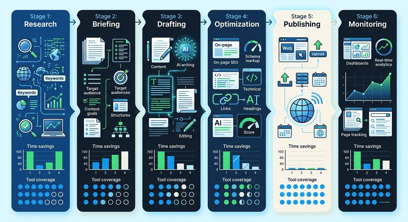 infographic showing the six stages of an agentic SEO pipeline with research, briefing, drafting, optimization, publishing, and monitoring, displaying time savings and tool coverage gaps at each stage