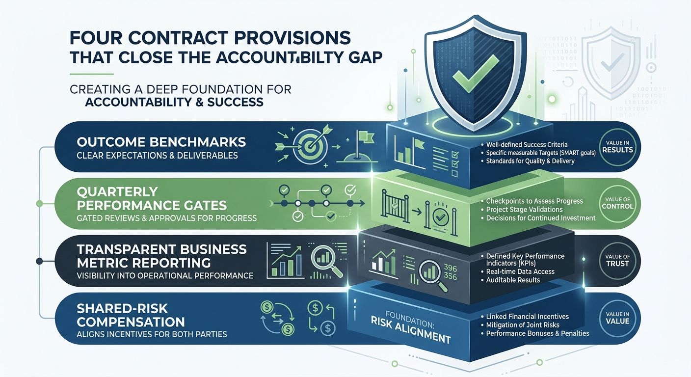An infographic showing four contract provisions that close the accountability gap — outcome benchmarks, quarterly performance gates, shared-risk compensation, and transparent business metric reporting