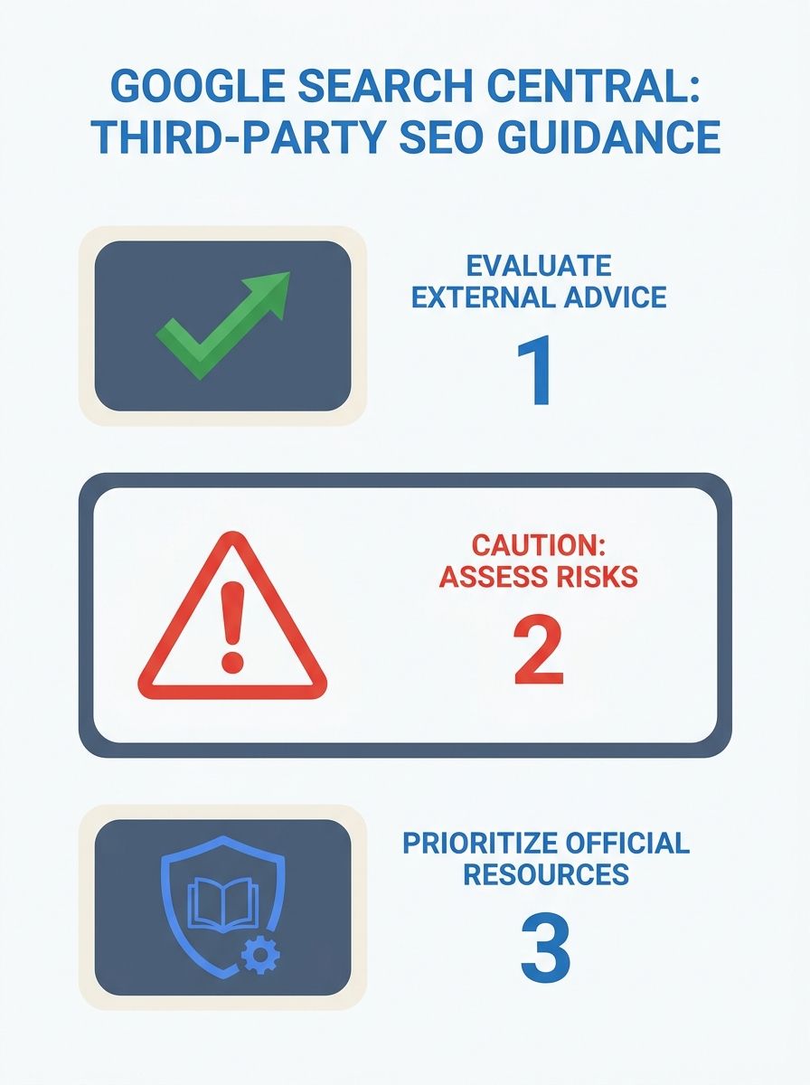 Google Search Central documentation page displaying new guidance on third-party SEO tools and services with warning language about evaluating external advice