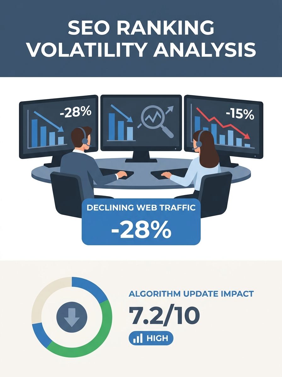 SEO professionals analyzing ranking volatility data on multiple monitors showing traffic decline charts
