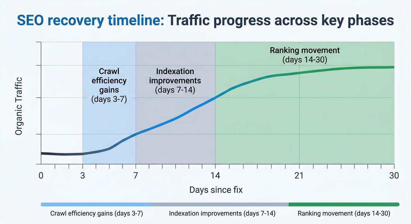 A line graph showing a typical SEO recovery timeline with three labeled phases: crawl efficiency gains (days 3-7), indexation improvements (days 7-14), and ranking movement (days 14-30), with traffic
