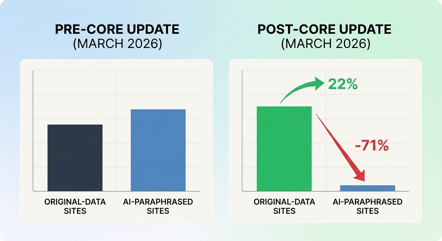 A before-and-after comparison chart showing organic traffic changes for agency-produced content after the March 2026 Core Update, with original-data sites gaining 22% and AI-paraphrased sites losing 7