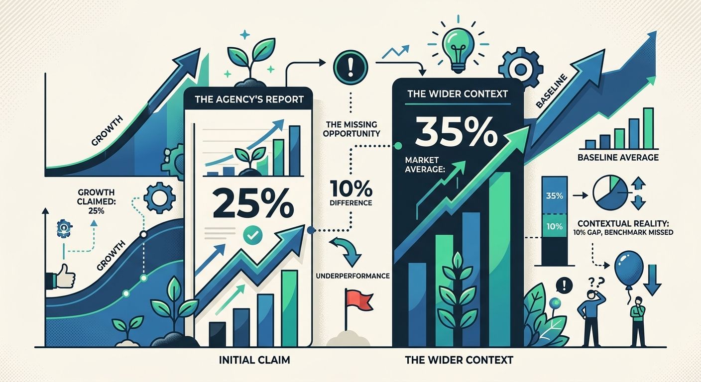 An infographic comparing an agency's claimed 25 percent organic traffic growth against a 35 percent industry baseline average, with visual indicators showing how context transforms a seeming win into 