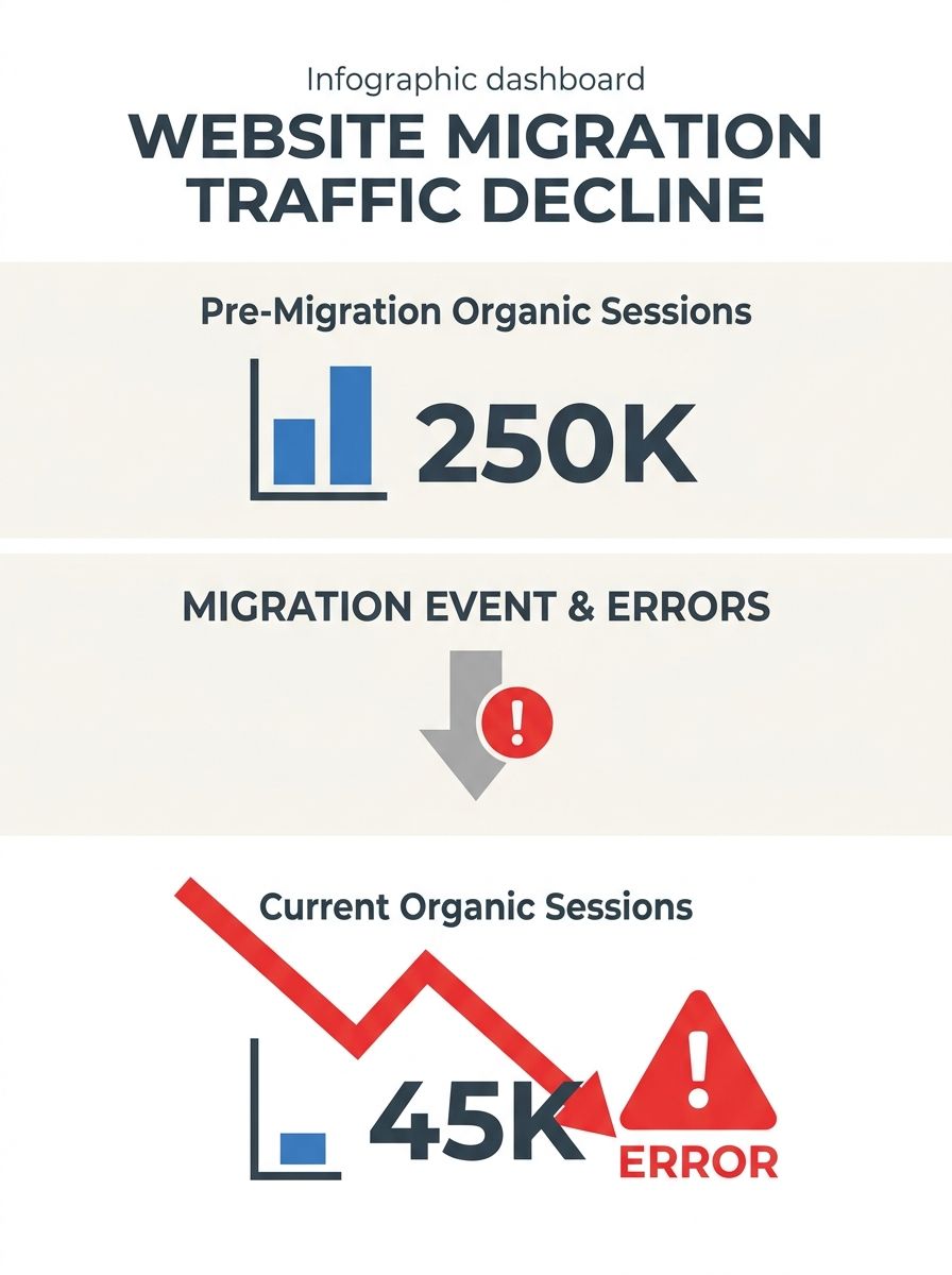 Dashboard showing dramatic organic traffic decline following website migration with red downward trend line and error indicators