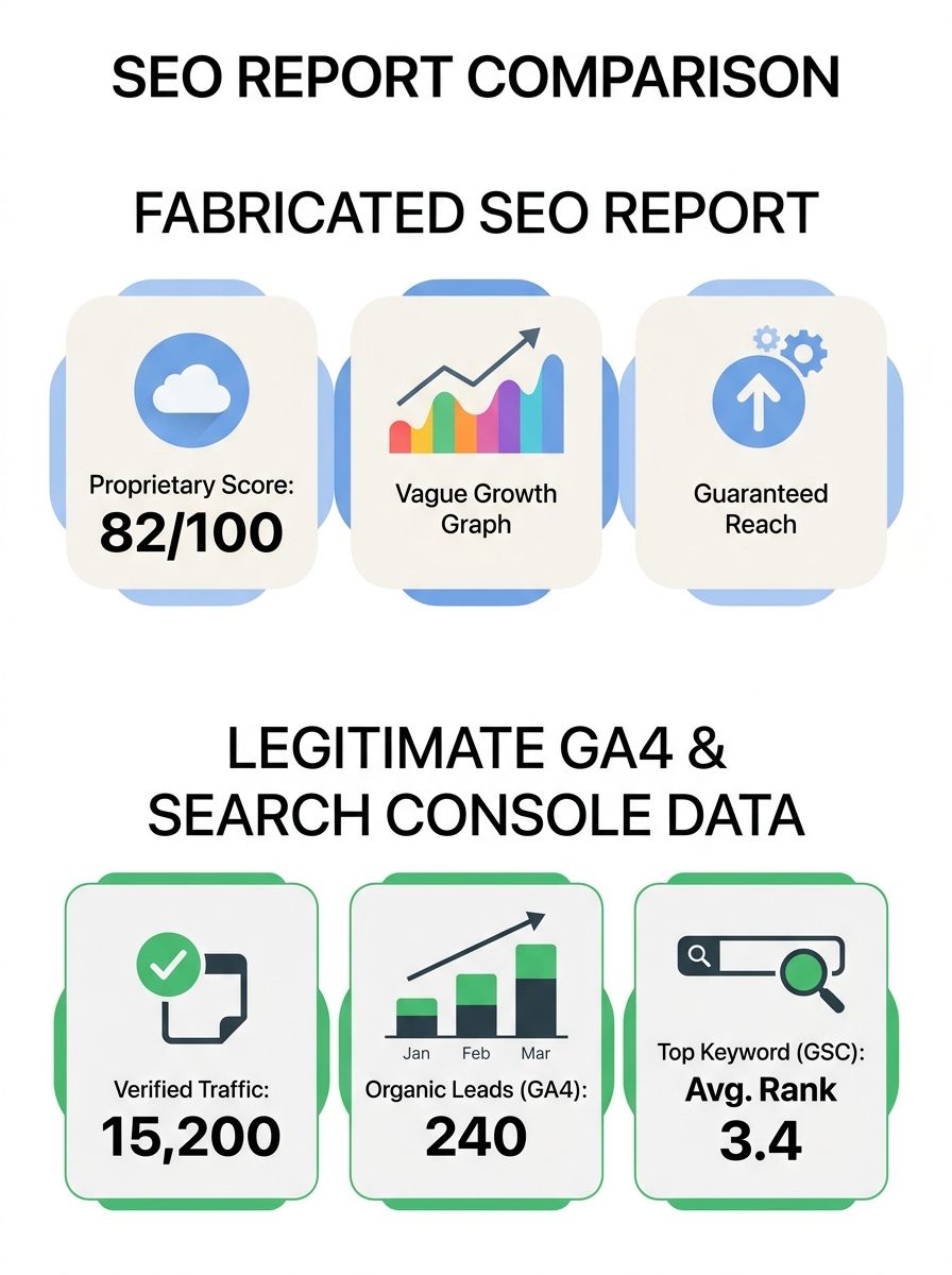 A side-by-side comparison of a fabricated SEO report with vague proprietary metrics and colorful graphs on the left versus a legitimate report showing verified GA4 and Search Console data on the right