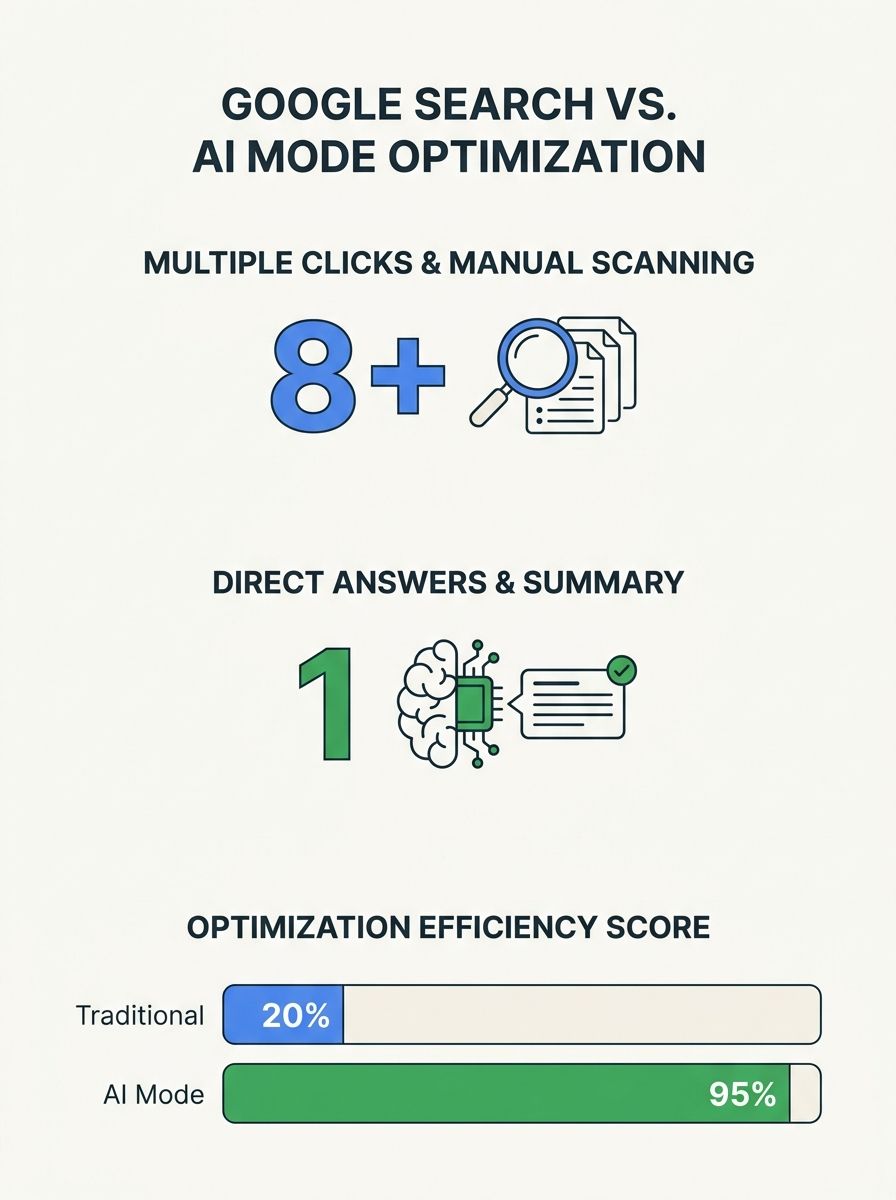 Split-screen comparison showing traditional Google search interface alongside AI Mode interface, both displaying the same technical requirements checklist for optimization