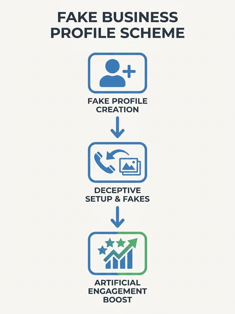 A flowchart showing the fake Google Business Profile scheme: profile creation, fake phone number routing, fake photo uploads, fake review pumping, and misleading client reports